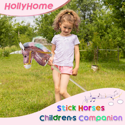 HollyHOME Plüsch Einhorn Steckenpferd mit Holzrädern Echten Pony Wiehern und Galoppieren Geräuschen Plüschtier Rosa 94 cm (AA Batterien Benötigt)