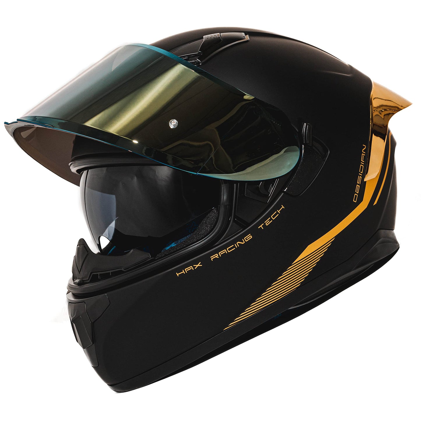 HAX Obsidian Full Face Dual Visor Adult Motorcycle Helmet for Motorbike Street Bike with Pinlock Ready DOT Approved Matte Black Gold L