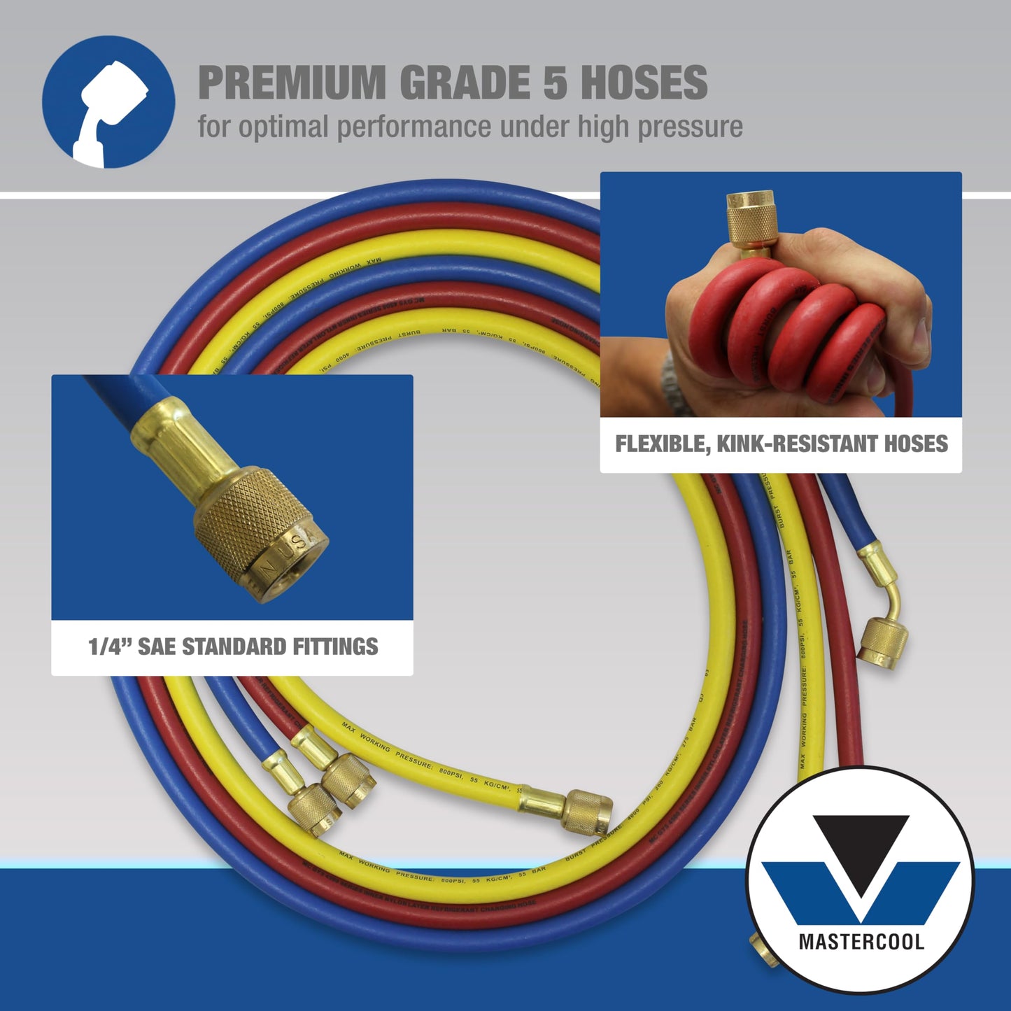 Mastercool 59161 2-Way Heavy Duty Brass Manifold Gauge Set with 3 1/8" Silicone Dampened Gauges and 1/4" SAE Fittings for R410a, R22, R404A - U.S. Assembled & Tested with 60" Hoses