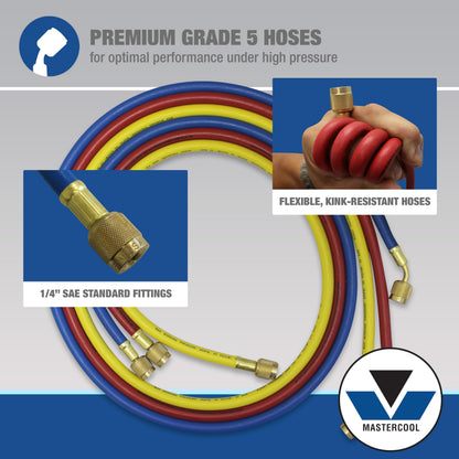 Mastercool 59161 2-Way Heavy Duty Brass Manifold Gauge Set with 3 1/8" Silicone Dampened Gauges and 1/4" SAE Fittings for R410a, R22, R404A - U.S. Assembled & Tested with 60" Hoses