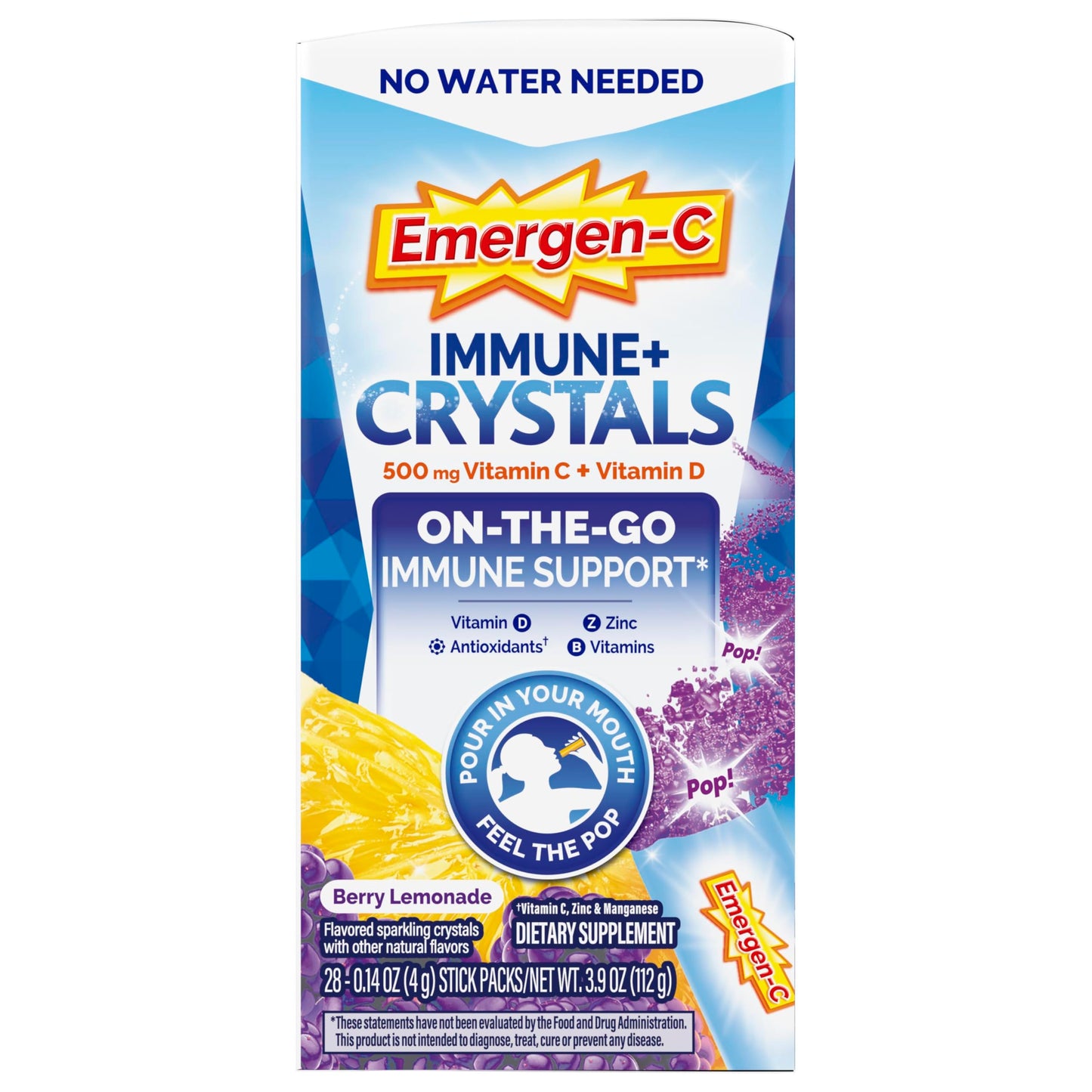 Emergen-C Immune Plus Crystals, On-the-Go Immune Support Supplement with Vitamin C, Vitamin D, B Vitamins, Zinc and Manganese, Berry Lemonade - 28 Stick Packs (Pack of 12)