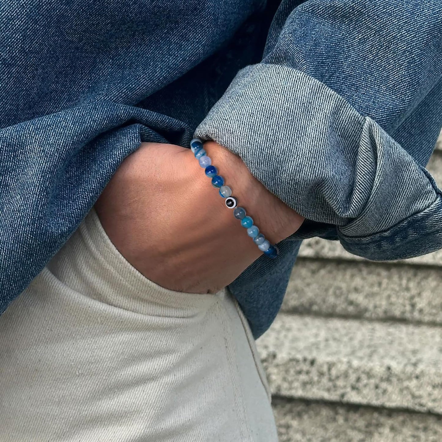 6 mm Böses Auge Armband aus schwarzen Kristallen – verstellbares Set aus Natursteinen für Herren und Damen, Schutzamulett als Geschenk für den Alltag/Geburtstag/Jahrestag