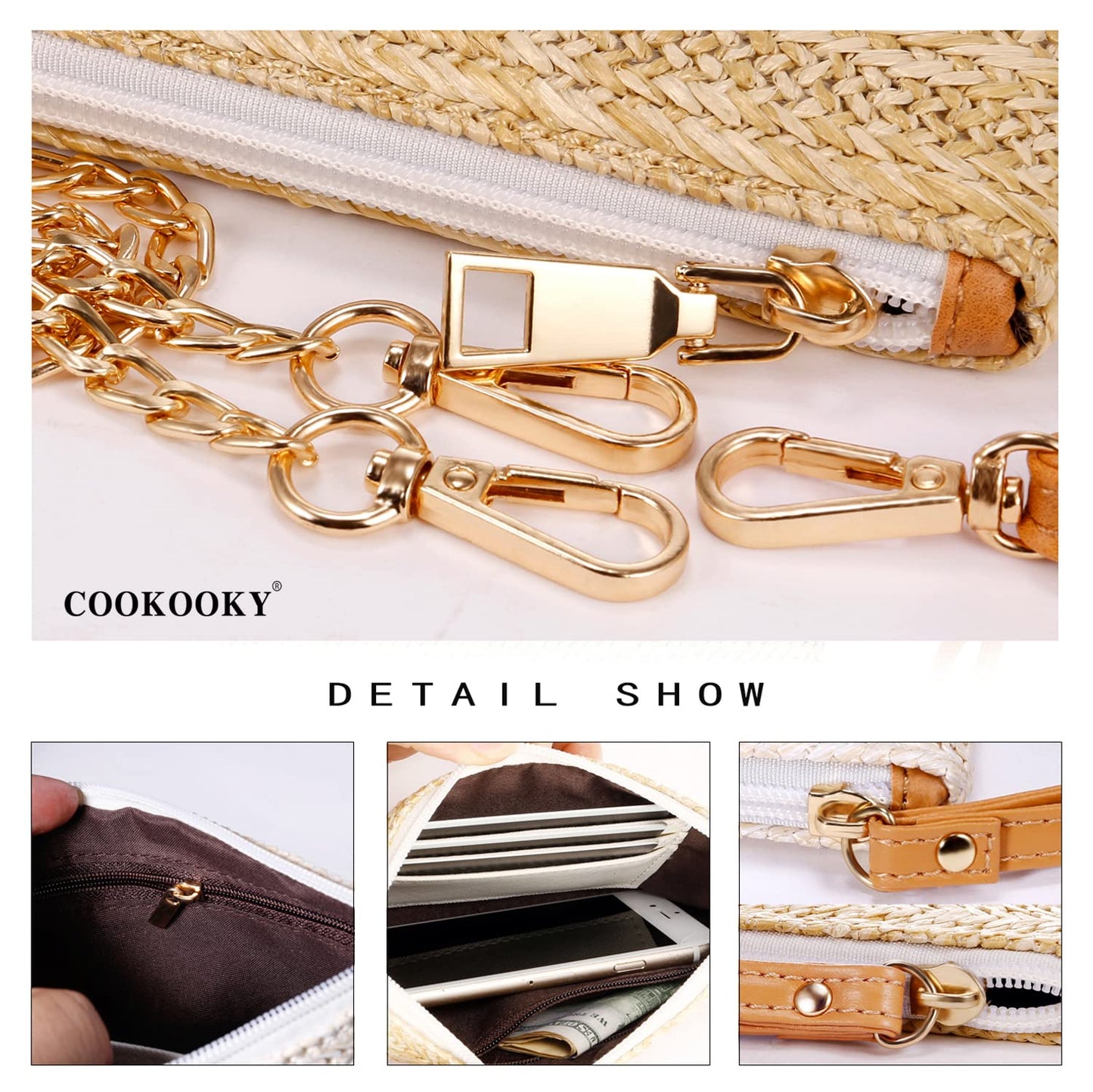 COOKOOKY Damen Stroh-Clutch, böhmische Reißverschluss-Handgelenktasche, Sommer Strand Meer Geldbörse (Beige-Weiß)