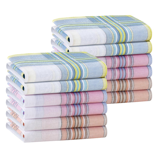 HOULIFE 100% 60S Combed Cotton Striped Checked Handkerchief with Assorted Color Elegant Hankie for Women Girls Ladies, 11×11" (Mixed-12 PCS)