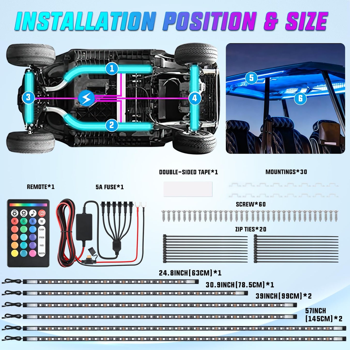 Nilight 6PCS Golf Cart Underbody Light Kit with Canopy Lights Dream Color Multi-Mode Neon Accent Lighting APP Remote Control Sound Active Music Sync IP67 Waterproof 12V-66V for EZGO Yamaha Club Car