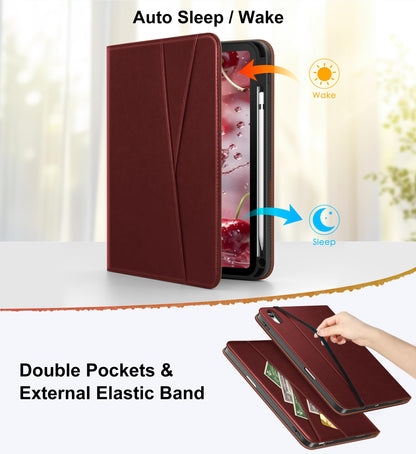 DTTO for iPad A16 Case, iPad 11th / 10th Generation Case (2025/2022), 360 Degree Rotating Premium Leather Folio Stand Cover with Pencil Holder, Brown