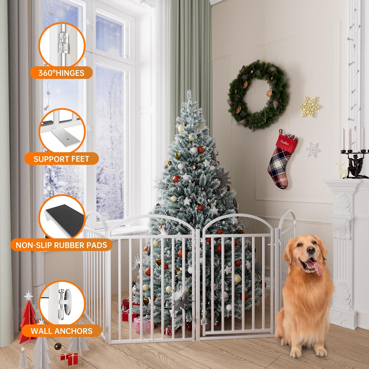 SNUOWU 4 Panels Full Matel Freestanding Dog Gates with Door, 96"Extra Wide 36"Tall Free Standing Dog Pet Gate for Indoor & Outdoor. Foldable Pet Fences for Doorways, House, Stairs, Porch, Deck, Yard