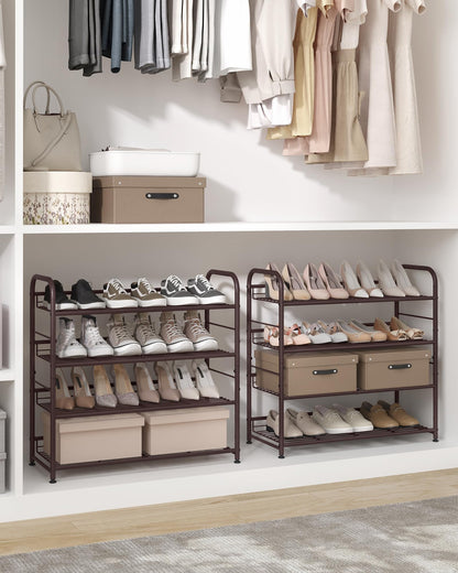 SONGMICS Stackable Shoe Rack, 4 Tier Metal Shoes Rack Storage Shelf, Holds up to 16 Pairs Shoes, Adjustable Slanted Shelves Tower Organizer for Closet Entryway Small Spaces, Bronze