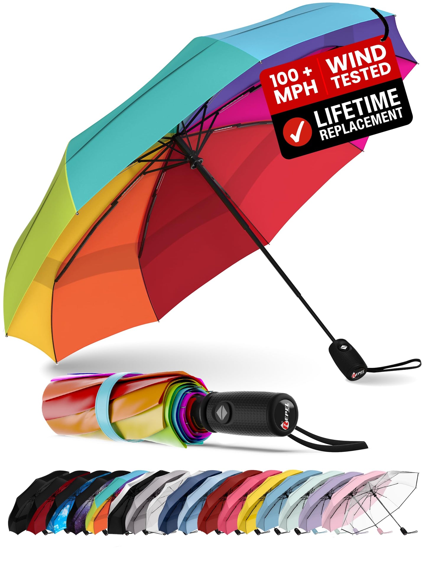 Repel Windproof Travel Umbrella - Compact & Withstands Winds up to 100MPH , Strongest Premium Auto Folding Umbrella for Rain and Sun - Durable, Light & Portable for Women & Men , Fits Backpack & Cars