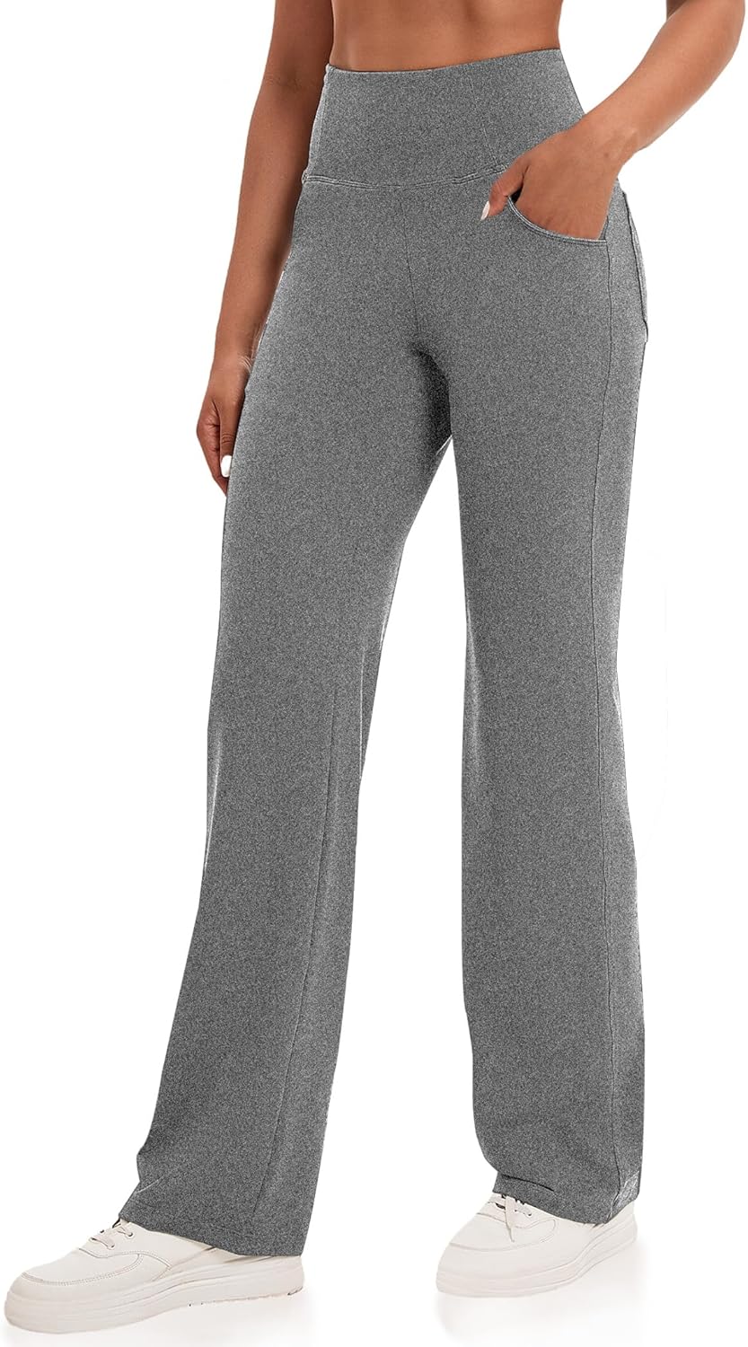 VOOVEEYA Yogahosen für Damen mit Taschen, gerade geschnittene Hose mit weitem Bein, hochtaillierte Business-Hose, petite/regulär//lang