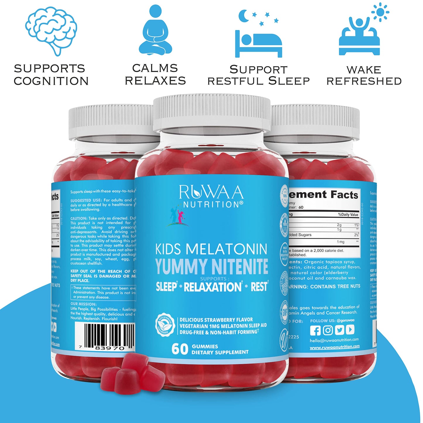 RUWAA NUTRITION Kids Melatonin Gummies 1 mg, Safe, Drug-Free & Effective Natural Sleep Aid for Kids. Children Melatonin Gummy, Gluten-Free Vegetarian Restful Sleep Support for Ages 4+. 360ct (6)