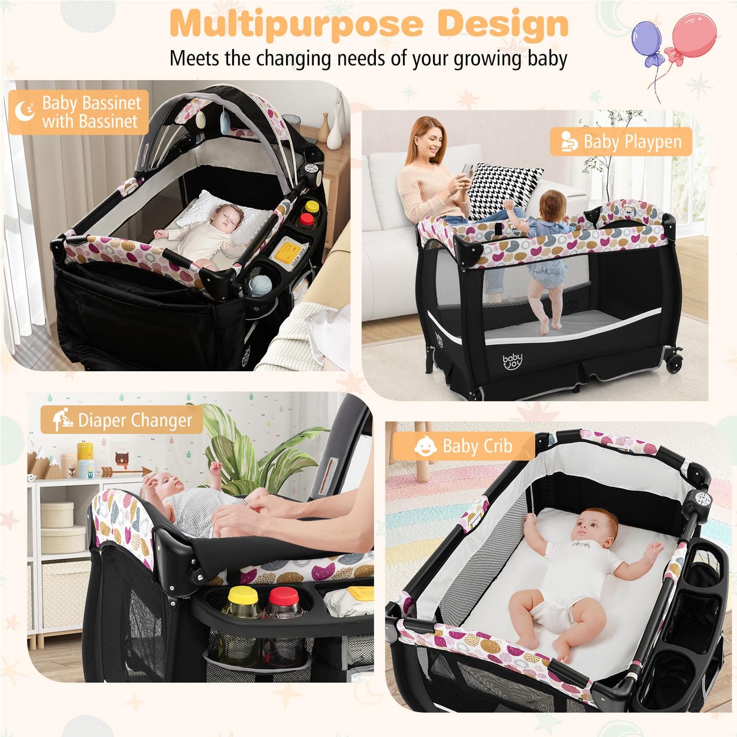 BABY JOY 4 in 1 Pack and Play, Portable Baby Playard with Bassinet & Flip-Away Changing Table, Canopy, Portable Bedside Crib with Storage Basket, Oxford Bag, Infant Bassinet from Newborn to Toddlers