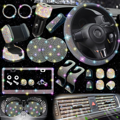 NBTEPEM 27-Piece Bling Car Accessories Set - Universal Fit Steering Wheel Covers, License Plate Frames, Phone Holder, Car Fast Charger, Coasters (Pink)