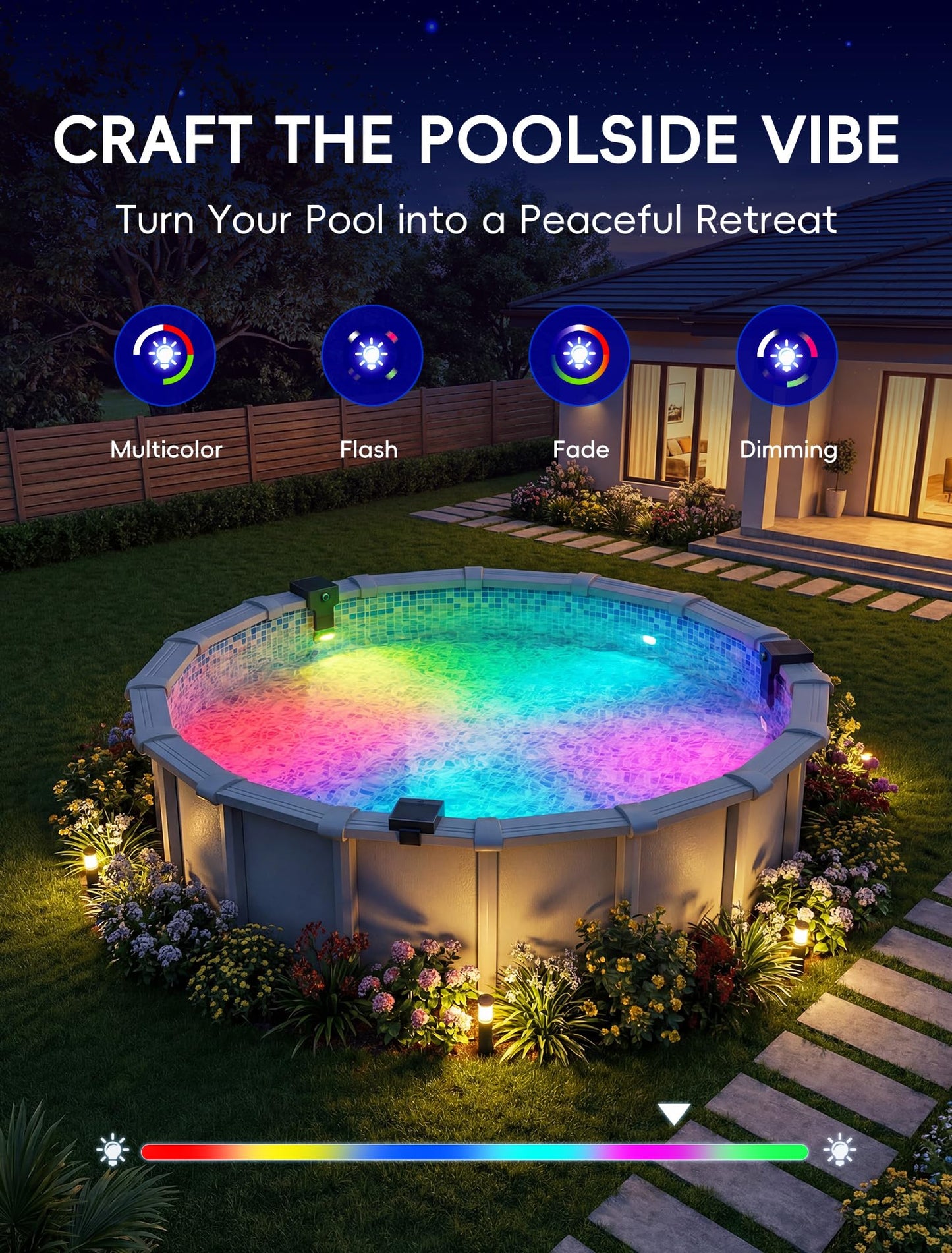 Solar Pool Lights Only for Metal Frame Above Ground Pools, 10-Color RGB 4-Mode LED Underwater Submersible Poolside Light with Auto Dusk Sensor, Waterproof Design, Remote & Timer Off, 1 Pack