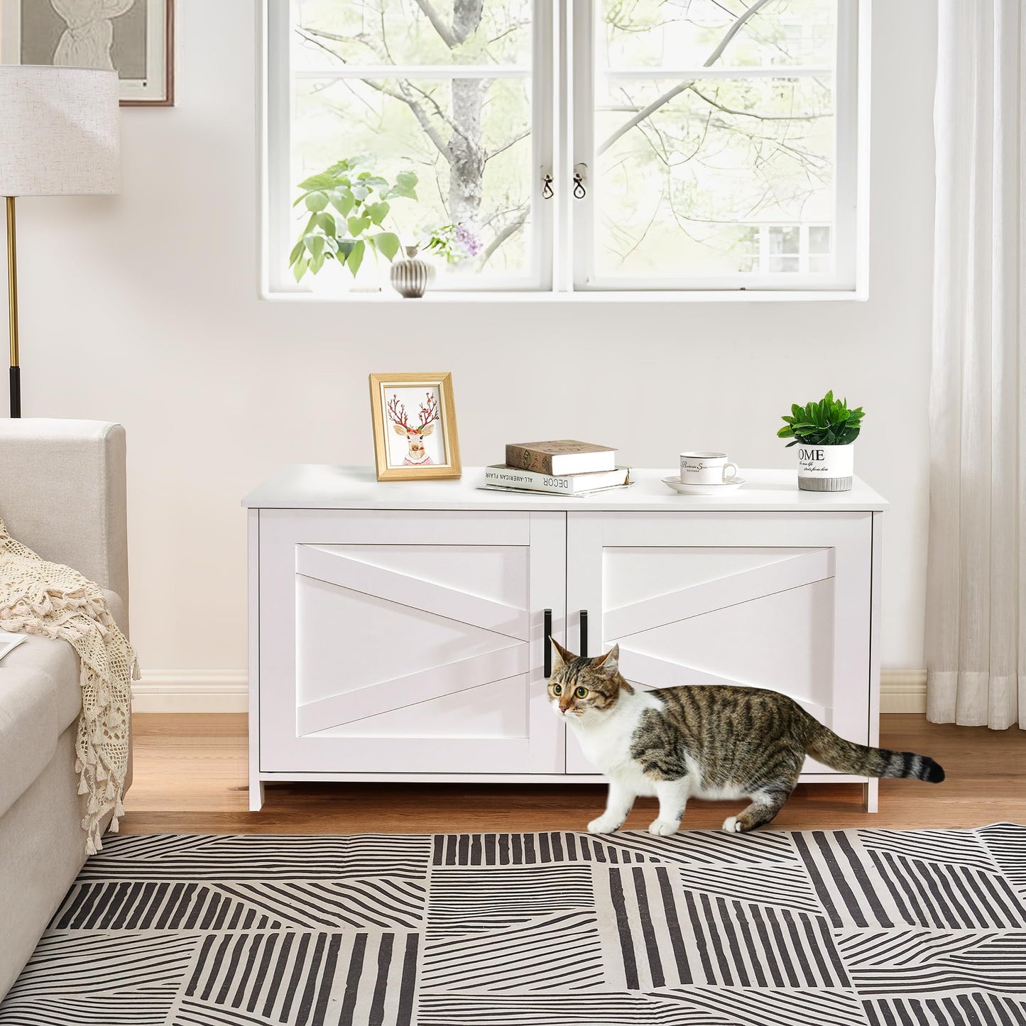 Homhedy Cat Litter Box Enclosure, Wooden Cat Washroom Furniture with Barn Door, Pet House, Fit Most of Litter Box, White