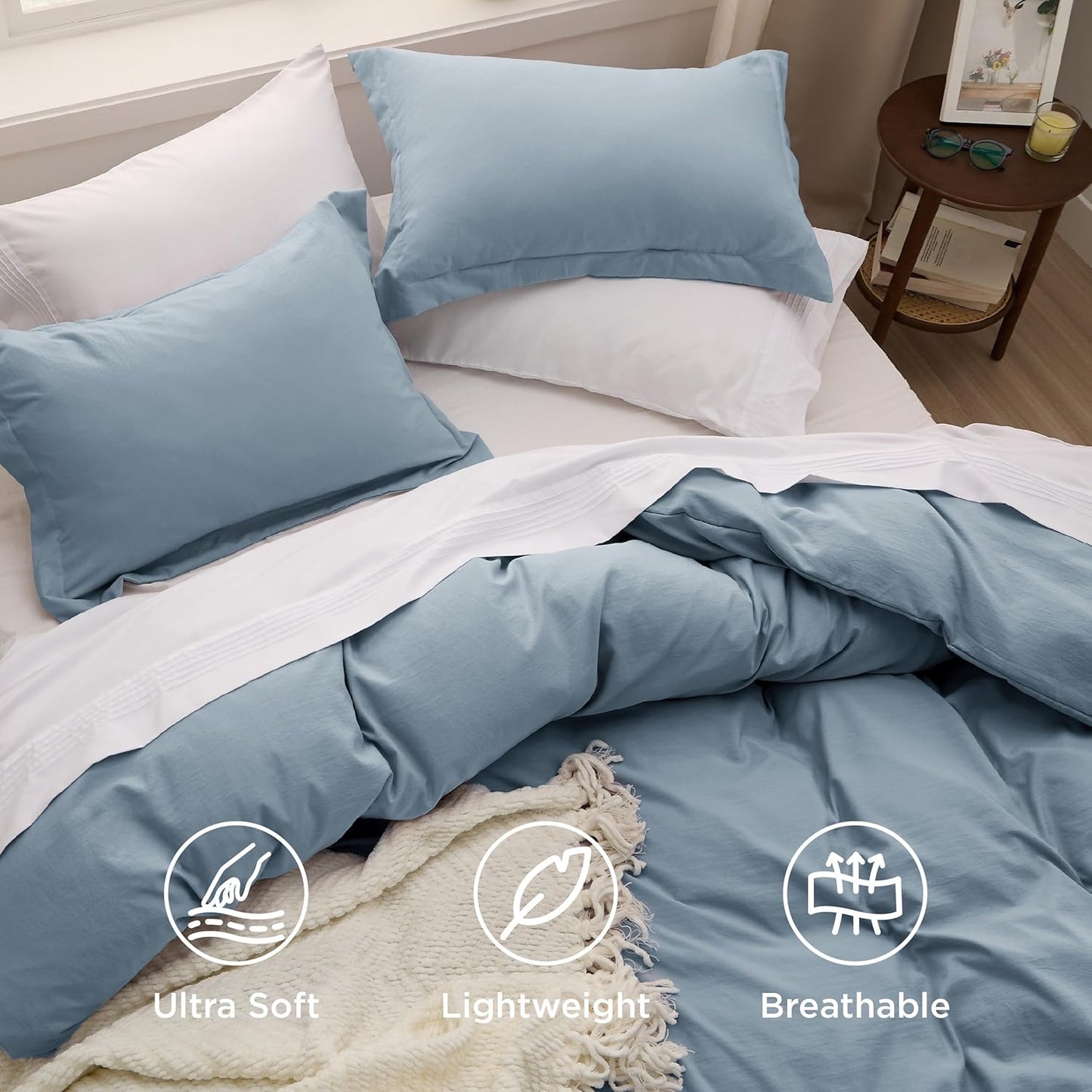 Funda nórdica blanca Bedsure, tamaño Queen, 3 piezas, aspecto de algodón prelavado, juego de cama extrasuave, incluye 1 funda nórdica de 228 x 228 cm con cierre de cremallera y 2 fundas de almohada, edredón no incluido