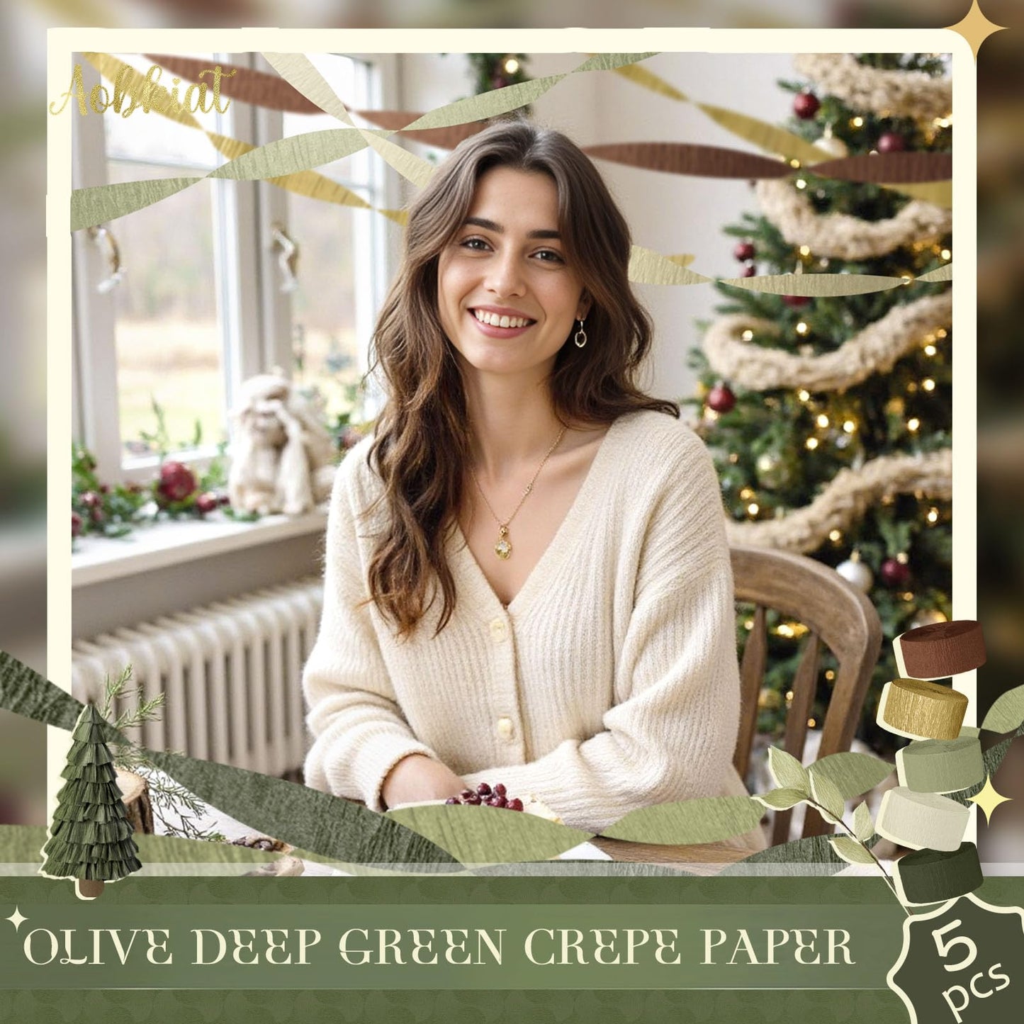 AOBKIAT Decoraciones para Fiesta de Bodas, 5 Rollos de Serpentinas de Papel Crepé Color Verde Oliva Caqui para Bodas Boho Verdes, Cumpleaños, Despedidas de Soltera/Bebé