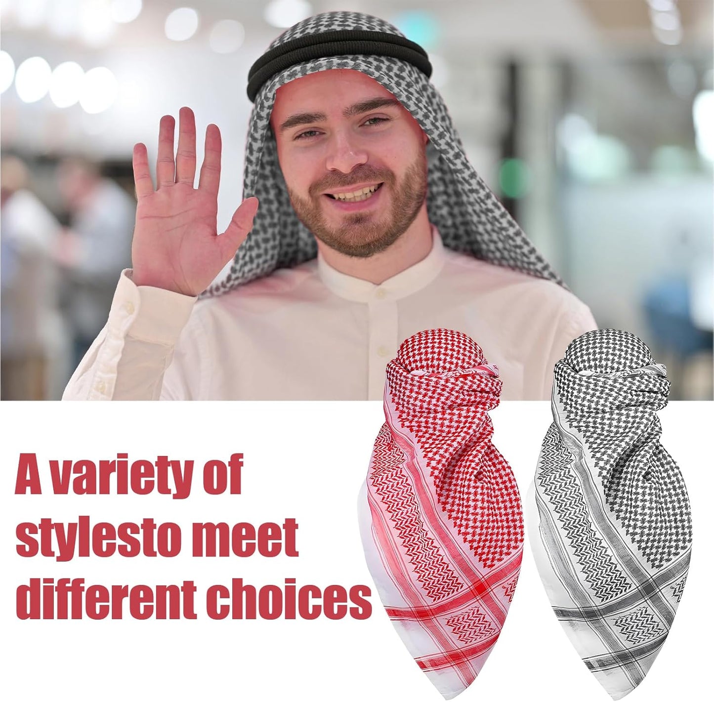 2 Stück Herren Arabisch Shemagh Kopftuch mit Aqel Seil Muslimische Kufiya Keffiyeh Mittelöstliche Kopfbedeckung Mittlerer Osten Wüstenscheich-Tuch Arabisches Kostüm, 55 x 55 Zoll, 2 Muster