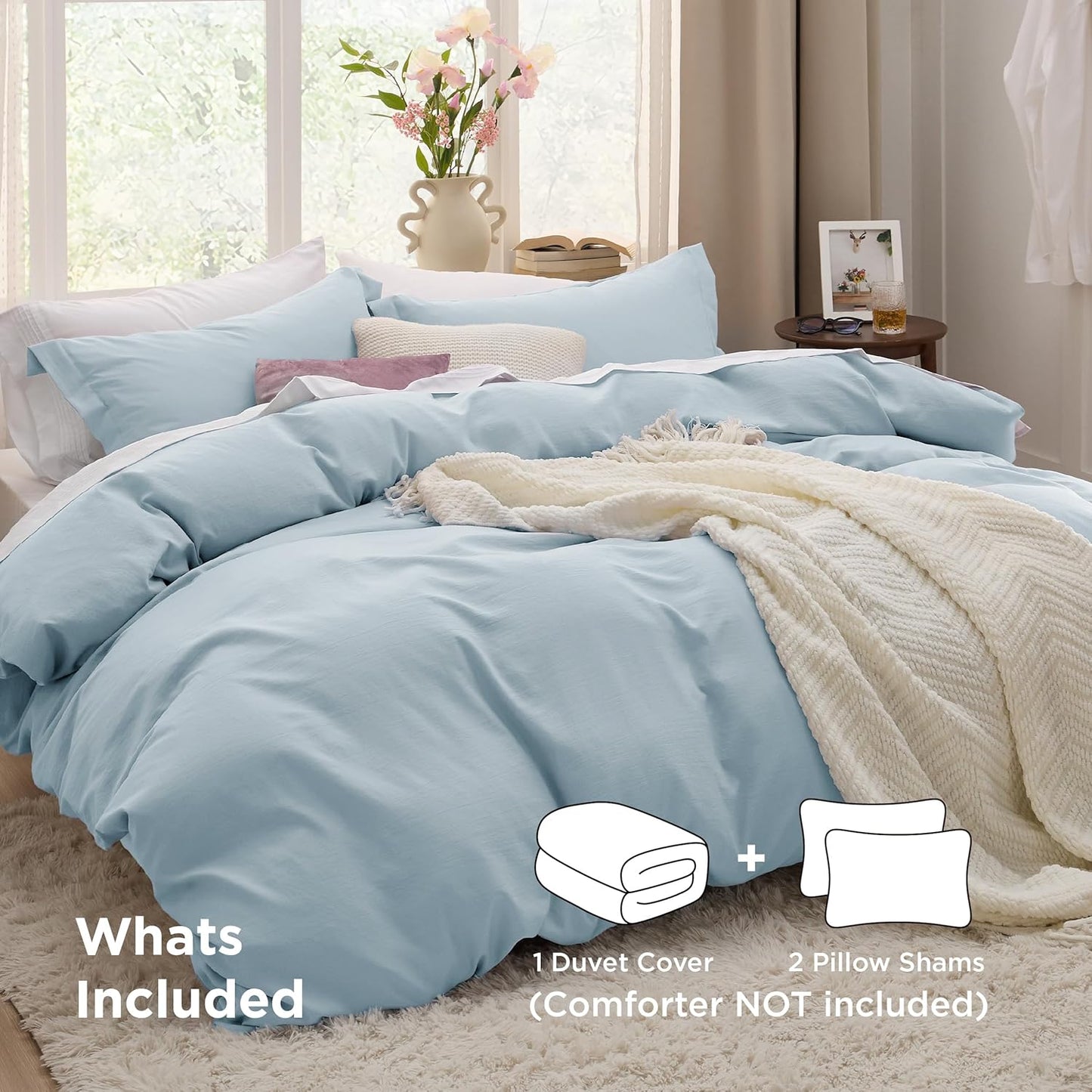 Funda nórdica blanca Bedsure, tamaño Queen, 3 piezas, aspecto de algodón prelavado, juego de cama extrasuave, incluye 1 funda nórdica de 228 x 228 cm con cierre de cremallera y 2 fundas de almohada, edredón no incluido