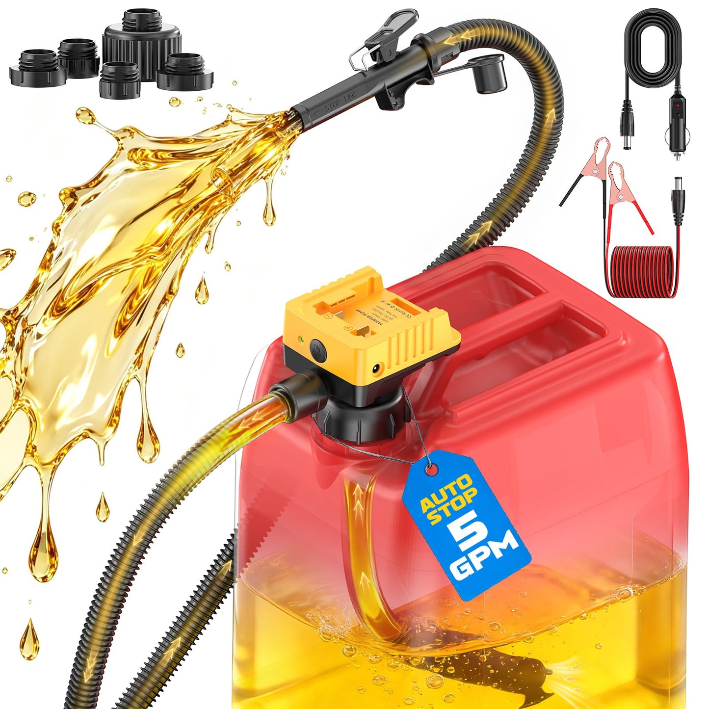 DIYtoolifz 5 GPM Cordless Fuel Transfer Pump Compatible with DeWalt 20V & Milwaukee 18V Batteries, Portable Gas Can Pump with 51" Hose, 5 Adapters, Gas Pump for Diesel, Gasoline (Bare Tool)