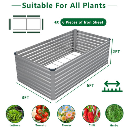 DIIYIV Galvanized Raised Garden Bed Kit Outdoor Patio,6x3x2ft Large Rectangular Metal Planter Boxes,Deep Root Box Planter for Gardening,Vegetables,Flowers,Herbs-Silver