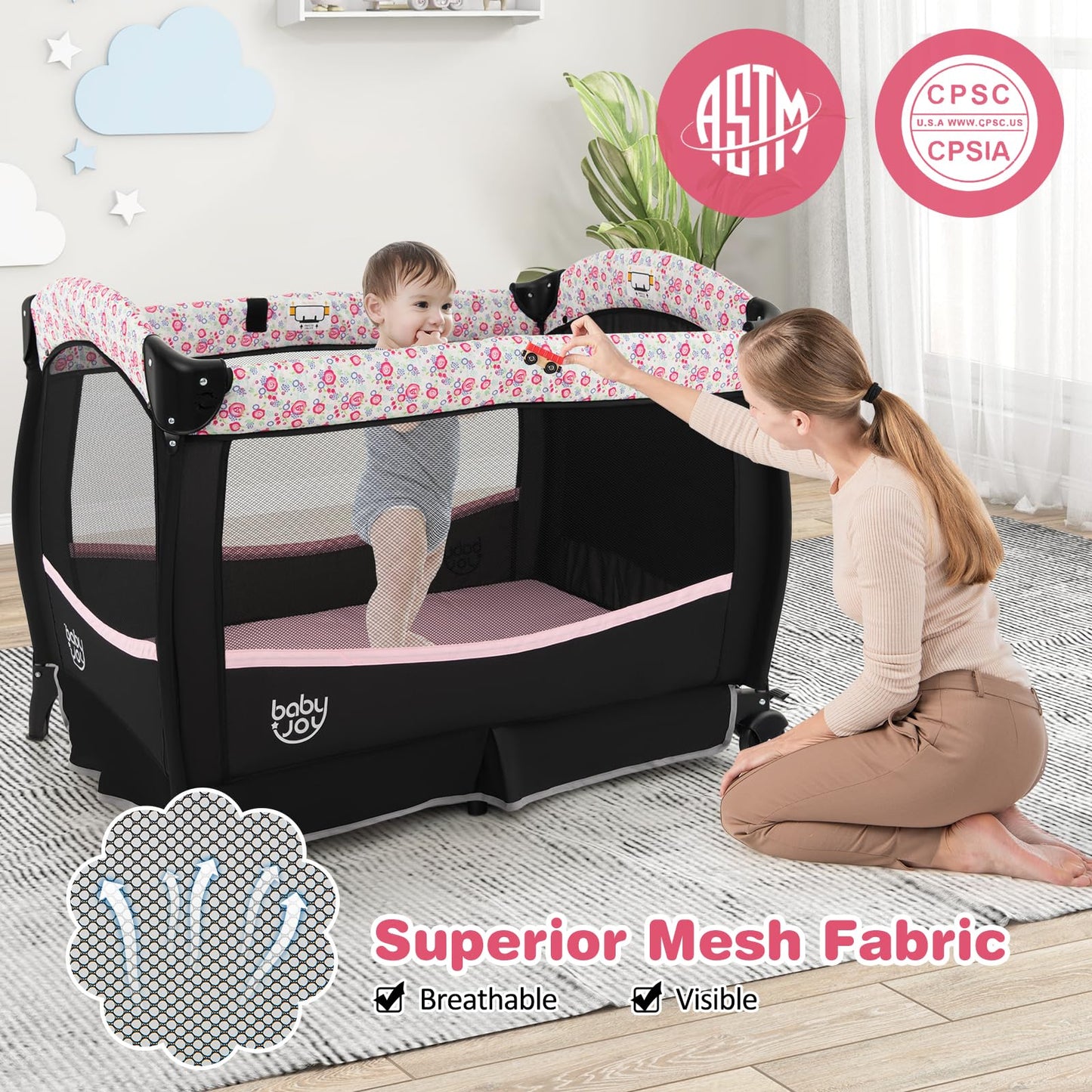 BABY JOY 4 in 1 Pack and Play, Portable Baby Playard with Bassinet & Flip-Away Changing Table, Canopy, Portable Bedside Crib with Storage Basket, Oxford Bag, Infant Bassinet from Newborn to Toddlers