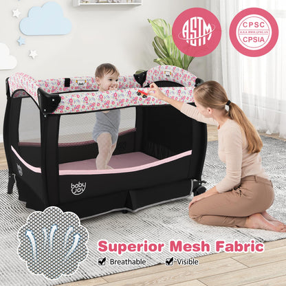 BABY JOY 4 in 1 Pack and Play, Portable Baby Playard with Bassinet & Flip-Away Changing Table, Canopy, Portable Bedside Crib with Storage Basket, Oxford Bag, Infant Bassinet from Newborn to Toddlers