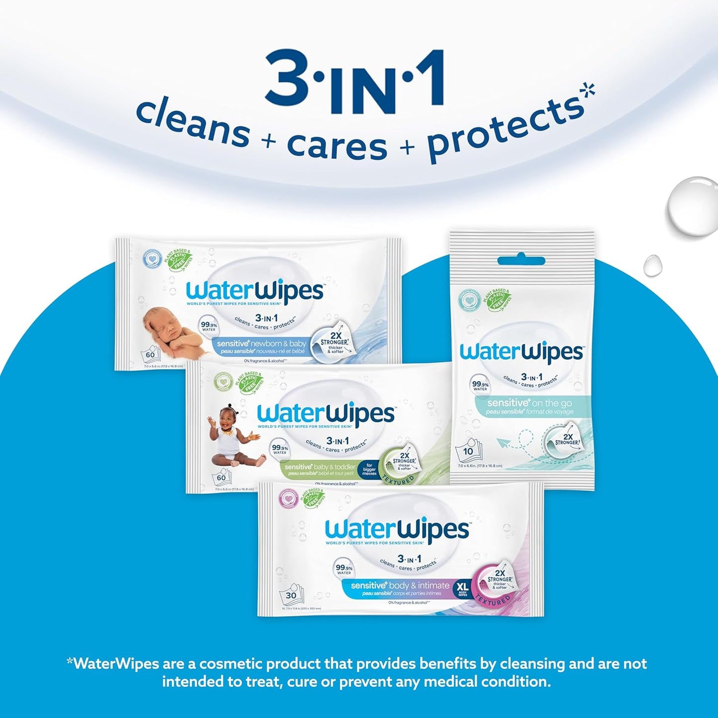 WaterWipes Sensitive+ Baby-Feuchttücher für Neugeborene und Babys, 3-in-1 reinigt, pflegt, schützt, 99,9 % Wasser, unparfümiert & hypoallergen, 720 Stück (12 Packungen)