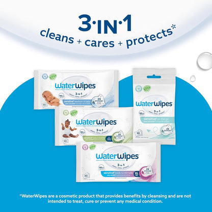 WaterWipes Sensitive+ Baby-Feuchttücher für Neugeborene und Babys, 3-in-1 reinigt, pflegt, schützt, 99,9 % Wasser, unparfümiert & hypoallergen, 720 Stück (12 Packungen)
