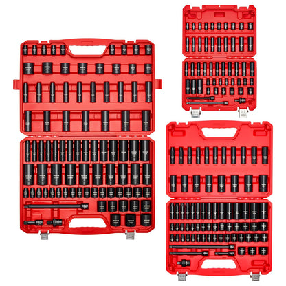 VEVOR 91-Piece 1/2" Drive Impact Socket Set, SAE (5/16" to 1-1/4") & Metric (8 to 32 mm), CR-V, Deep & Shallow, 6 Point, Ratchet Handle, Universal Joint, Adapters, Extension Bars (3, 5, 10 in)