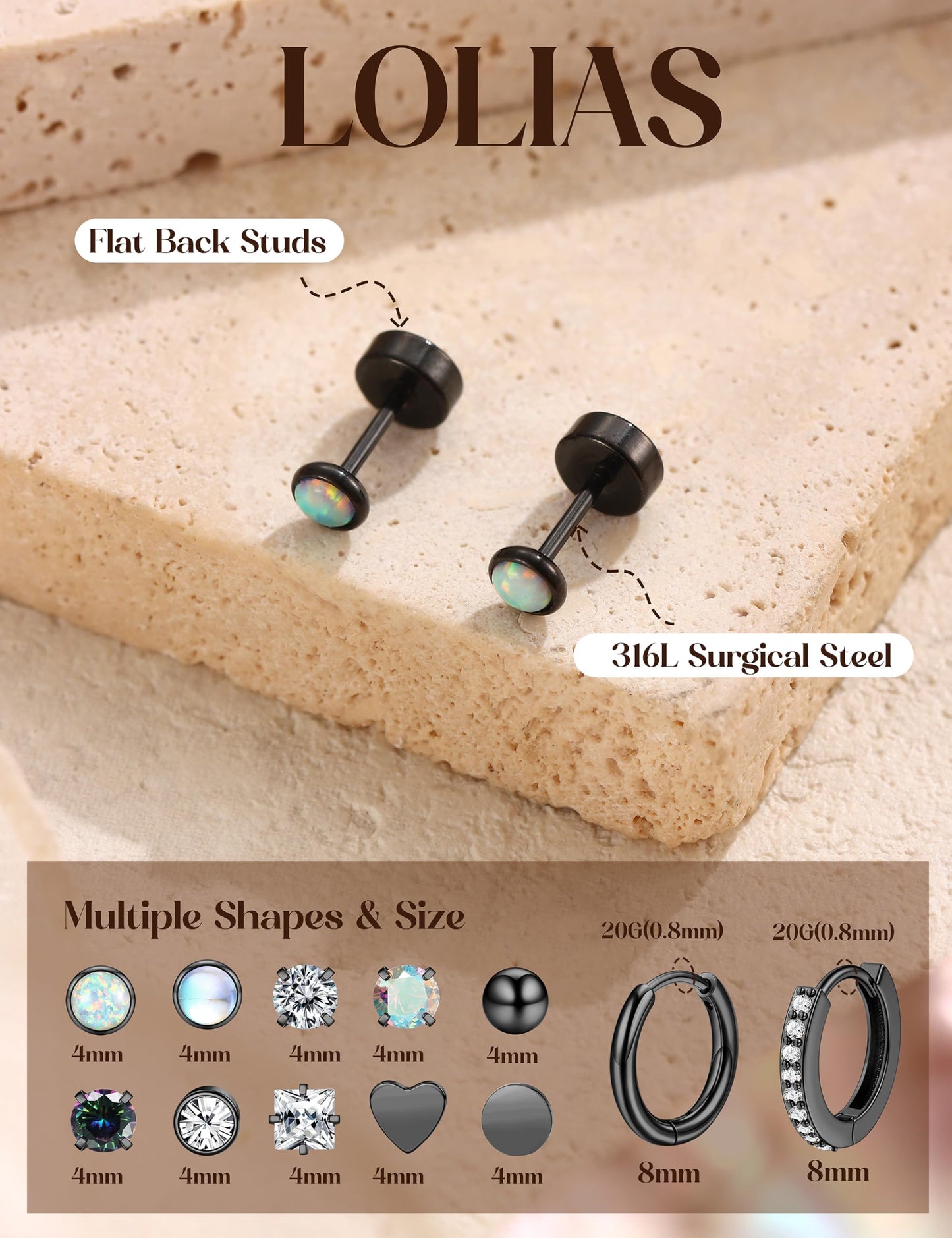 LOLIAS Hypoallergenic Flat Back Earrings for Women-Surgical Steel Earrings for Sensitive Ears 20G Stainless Steel Earring Stacks Small Flatback Stud Hoop Cartilage Earring