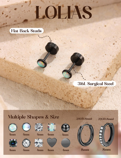 LOLIAS Hypoallergenic Flat Back Earrings for Women-Surgical Steel Earrings for Sensitive Ears 20G Stainless Steel Earring Stacks Small Flatback Stud Hoop Cartilage Earring