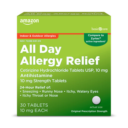 Amazon Basic Care All Day Allergy,Cetirizine Hydrochloride Tablets,10 mg,24-Hour Relief for Sneezing,Runny Nose,Itchy Eyes&Throat,Indoor&Outdoor Allergy Relief,30 Count (Packaging may vary)(Pack of 2)
