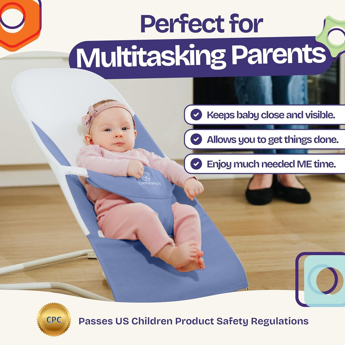 ComfyBumpy Ergonomische Babywippe – Inklusive Reise-Tragetasche – Sichere, tragbare Wippe mit verstellbarer Höhe – Babywippe, perfekt für Neugeborene (Grau)
