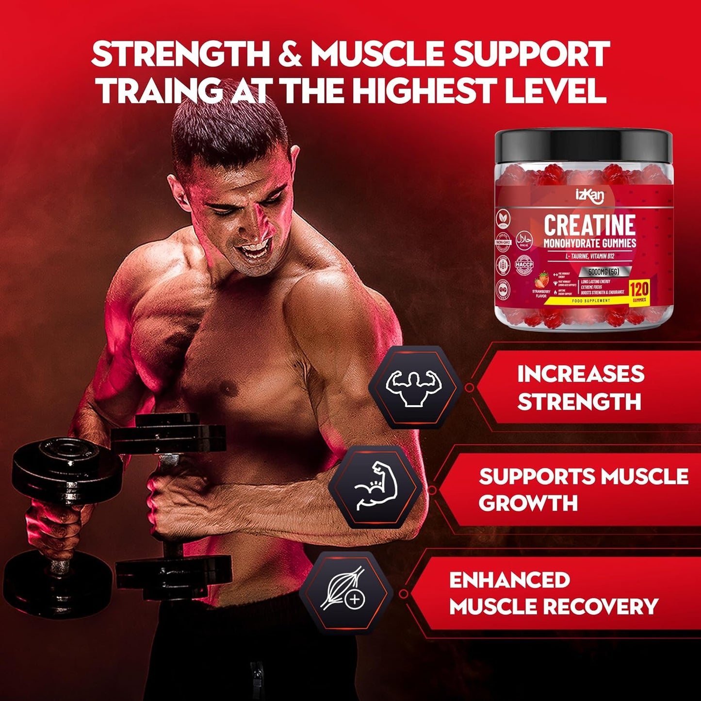 Pro Creatine Monohydrate Gummies 5g for Men & Women - 120 Chewable Creatine Gummies Strawberry Flavoured Gym Pre Workout Gym Supplement Vegan (2)