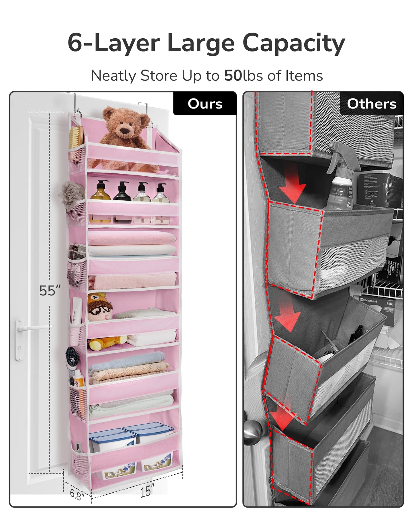 ULG Over The Door Organizer with 6 Large Pockets 12 Side Pockets, 50lbs Weight Capacity Door Hanging Organizer for Bedroom, Bathroom, Pantry, Nursery Storage, Beige