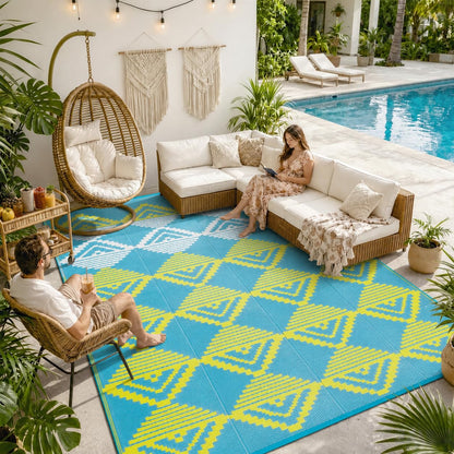 Lahome Outdoor Rugs 8x10 Waterproof, Reversible Outdoor Plastic Straw Rug for Camping Patio, RV Outdoor Rugs Outside, Outdoor Carpet for Porch Deck Backyard Picnic(Blue/Yellow,8'x 10')
