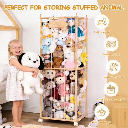 TANONE Stuffed Animal Storage - Wooden Large Organizer Holder for Playroom - Plush Zoo Animals Holder with Elastic Cords & Brake Wheel for Toddler Bedroom Toy Stuff Organization