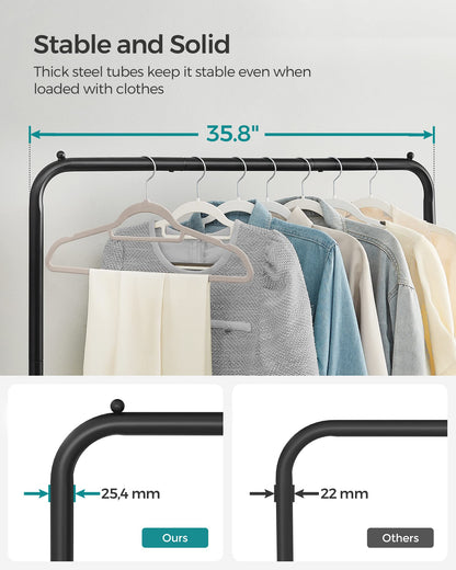 SONGMICS Clothes Rack with Wheels, Clothing Rack for Hanging Clothes, 25.4 mm Metal Garment Rack with Dense Mesh Storage Shelf, 110 lb Load Capacity, 2 Brakes, Black UHSR25BK