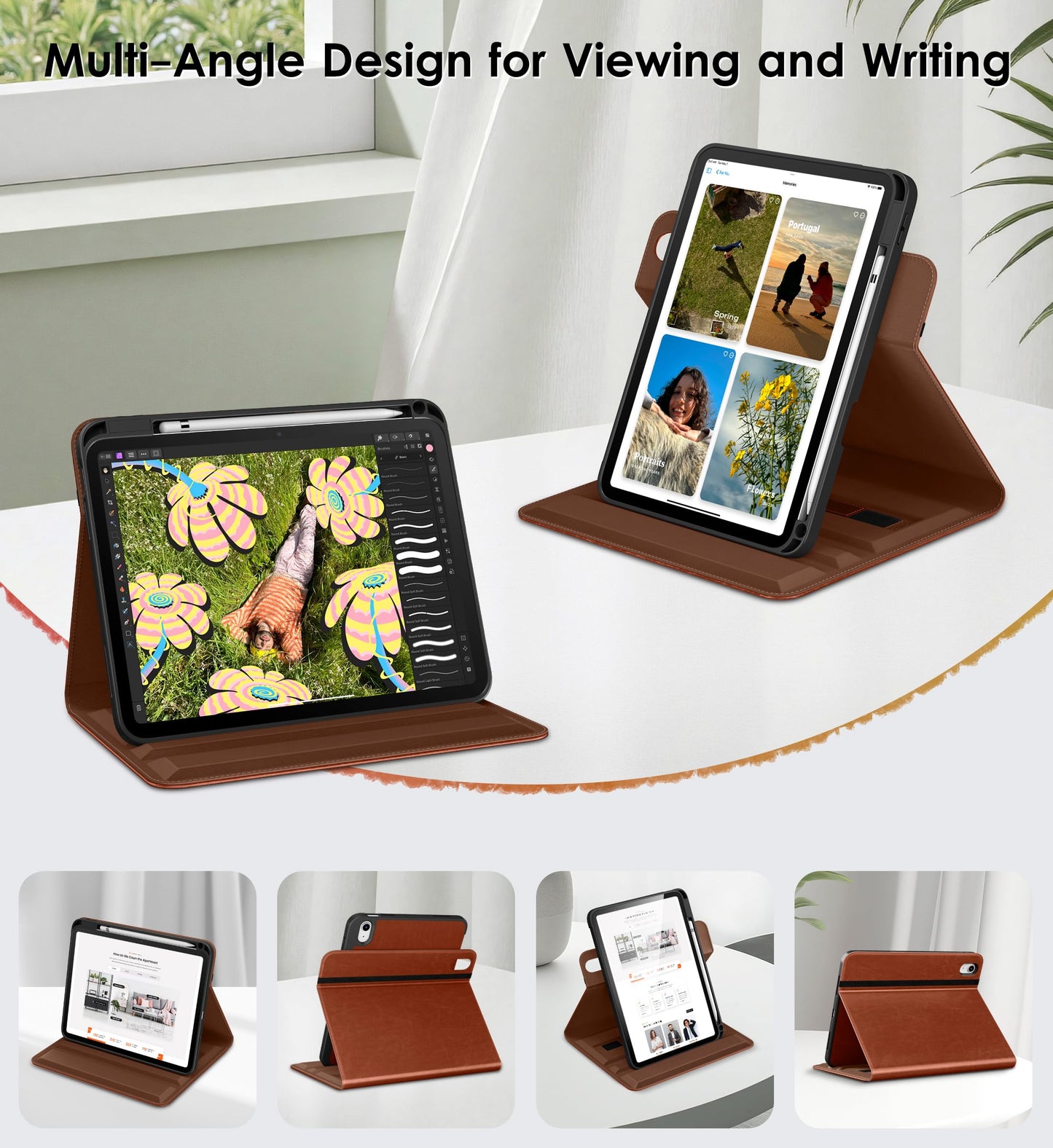 DTTO for iPad A16 Case, iPad 11th / 10th Generation Case (2025/2022), 360 Degree Rotating Premium Leather Folio Stand Cover with Pencil Holder, Brown