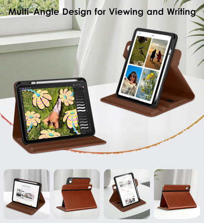 DTTO for iPad A16 Case, iPad 11th / 10th Generation Case (2025/2022), 360 Degree Rotating Premium Leather Folio Stand Cover with Pencil Holder, Brown