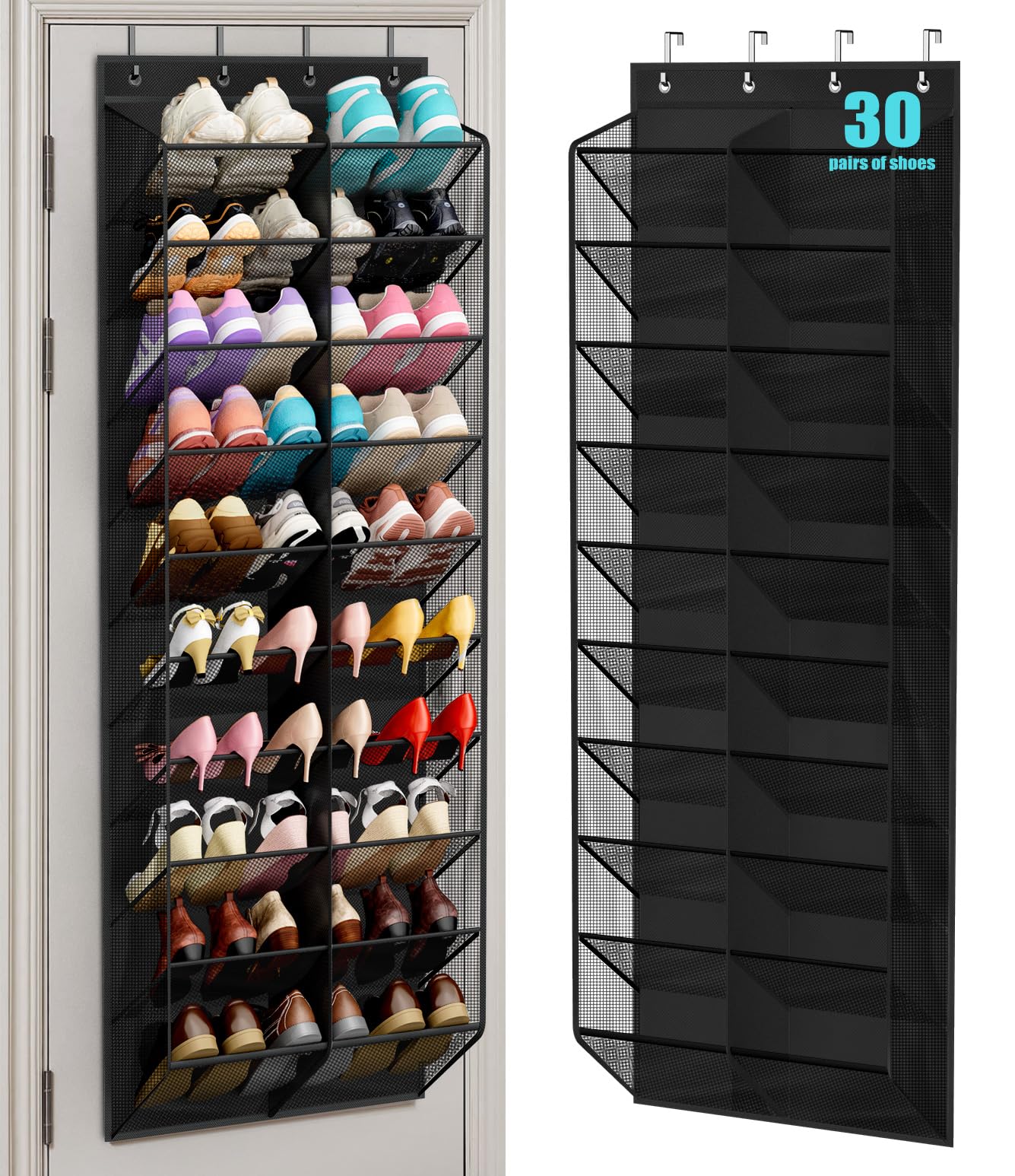 MISSLO 30 Pairs Over the Door Shoe Organizer Breathable Mesh Hanging Shoe Rack for Closet Storage with Wide Deep Pockets 10 Tier Shoes Holder Fit All the Family's Sneakers, Boots, Heels (White, 71")