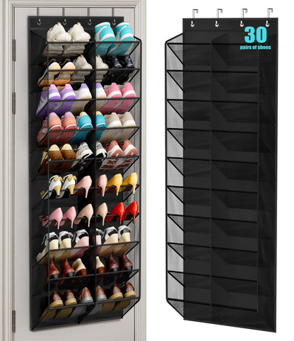 MISSLO 30 Pairs Over the Door Shoe Organizer Breathable Mesh Hanging Shoe Rack for Closet Storage with Wide Deep Pockets 10 Tier Shoes Holder Fit All the Family's Sneakers, Boots, Heels (White, 71")