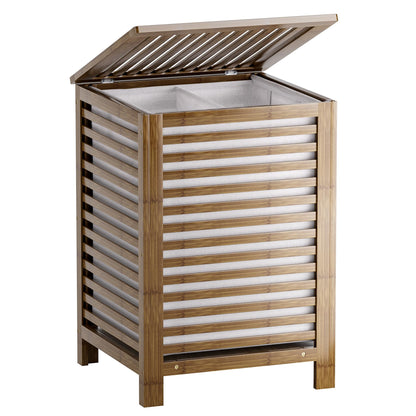SMIBUY Double Laundry Hamper with Lid, 120L Bamboo Laundry Basket with Removable Liner Bag, 2-Section Clothes Divider Laundry Sorter for Laundry Room, Bathroom, Bedroom (Pink)
