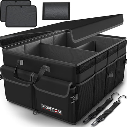 FORTEM Car Trunk Organizer, Collapsible Multi Compartment Car Organizer, Foldable SUV Storage for Car Accessories for Women Men, Non Slip Bottom, Securing Straps, Soft Cover 50L (Black, Standard)