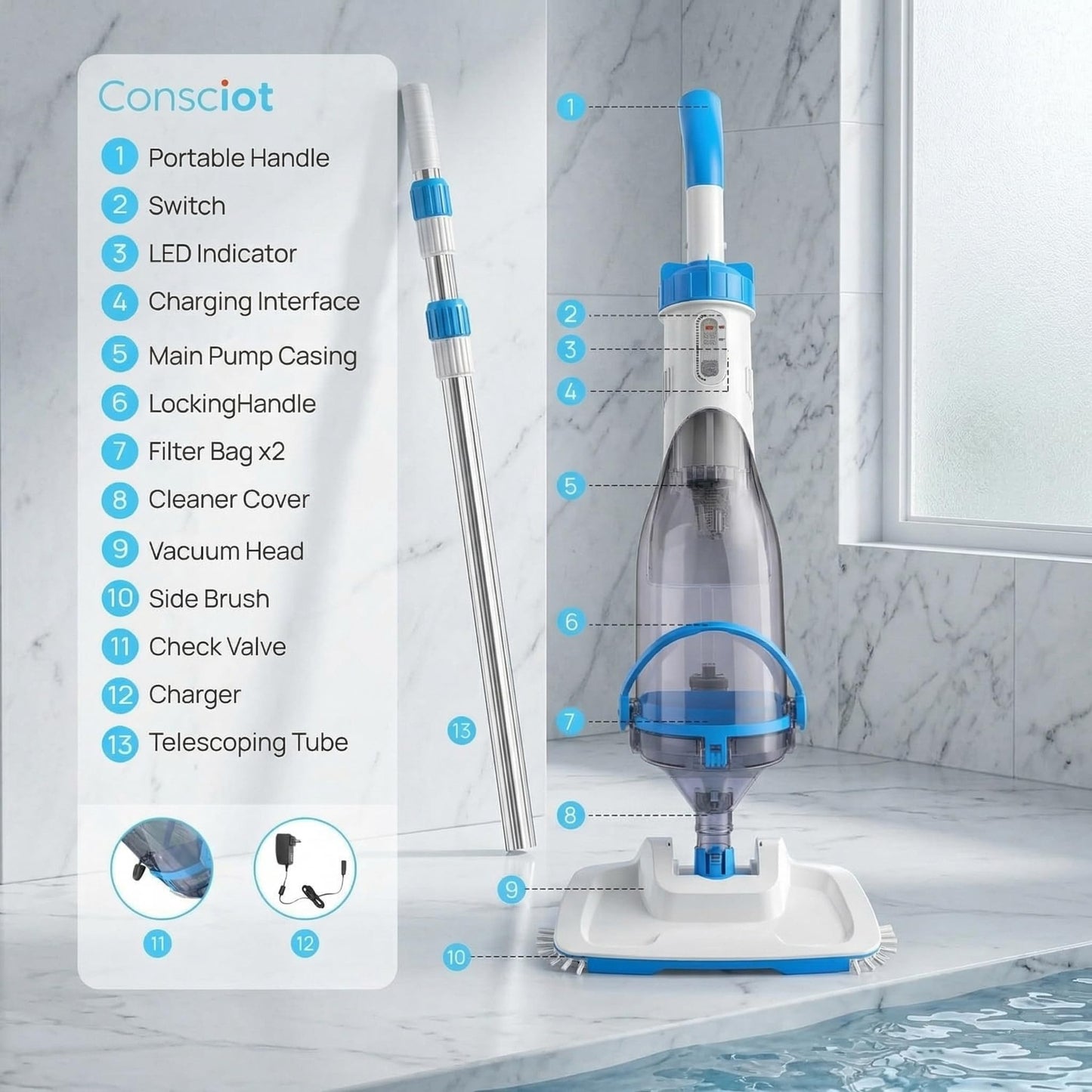 Cordless Pool Vacuum for Above Ground & Inground Pools, Consciot Handheld Rechargeable Pool Cleaner with 1110 GPH Suction, Telescopic Pole up to 87.5", 1H Runtime, See-Through Head for Debris & More