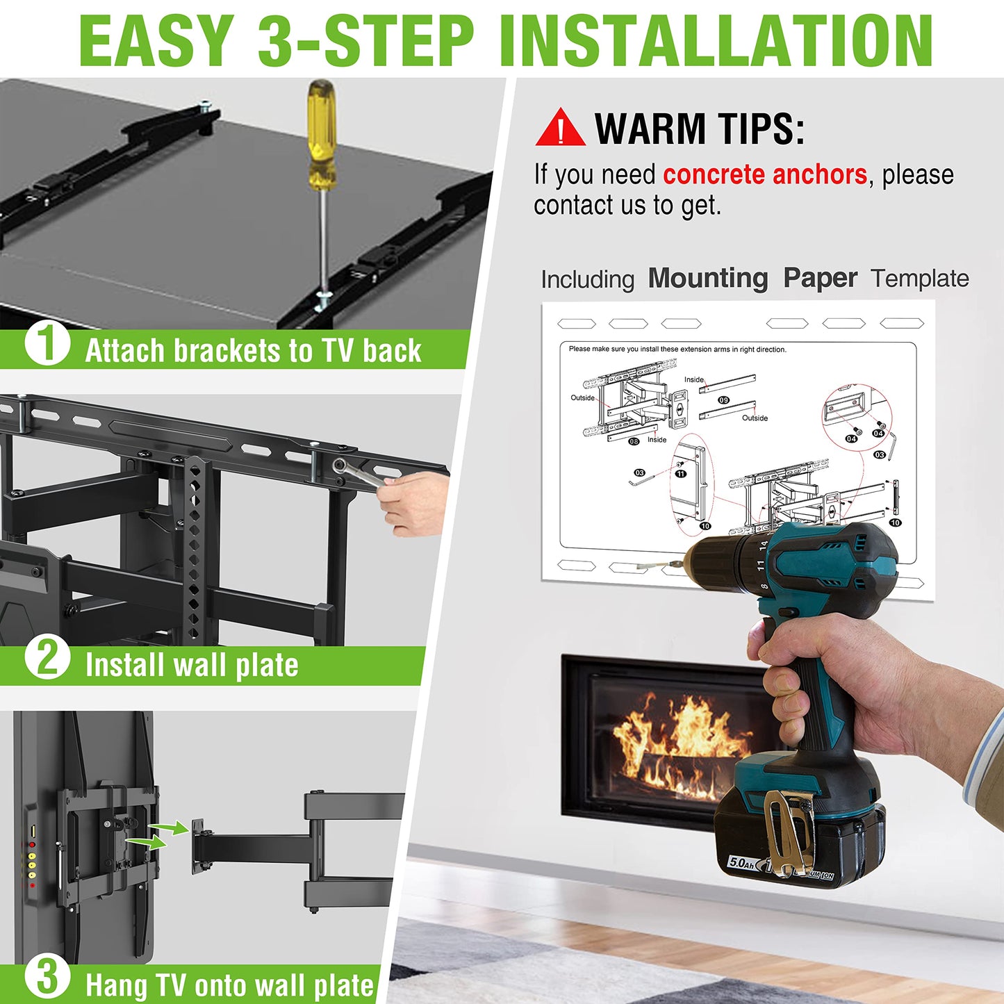 USX MOUNT TV Wall Mount for 32-74 inch Flat Screen/LED/4K up to 110lbs, Full Motion TV Mount Bracket with Swivel & Tilt Articulating Dual Arms, Max VESA 400x400mm, Fits 12/16" Wood Studs