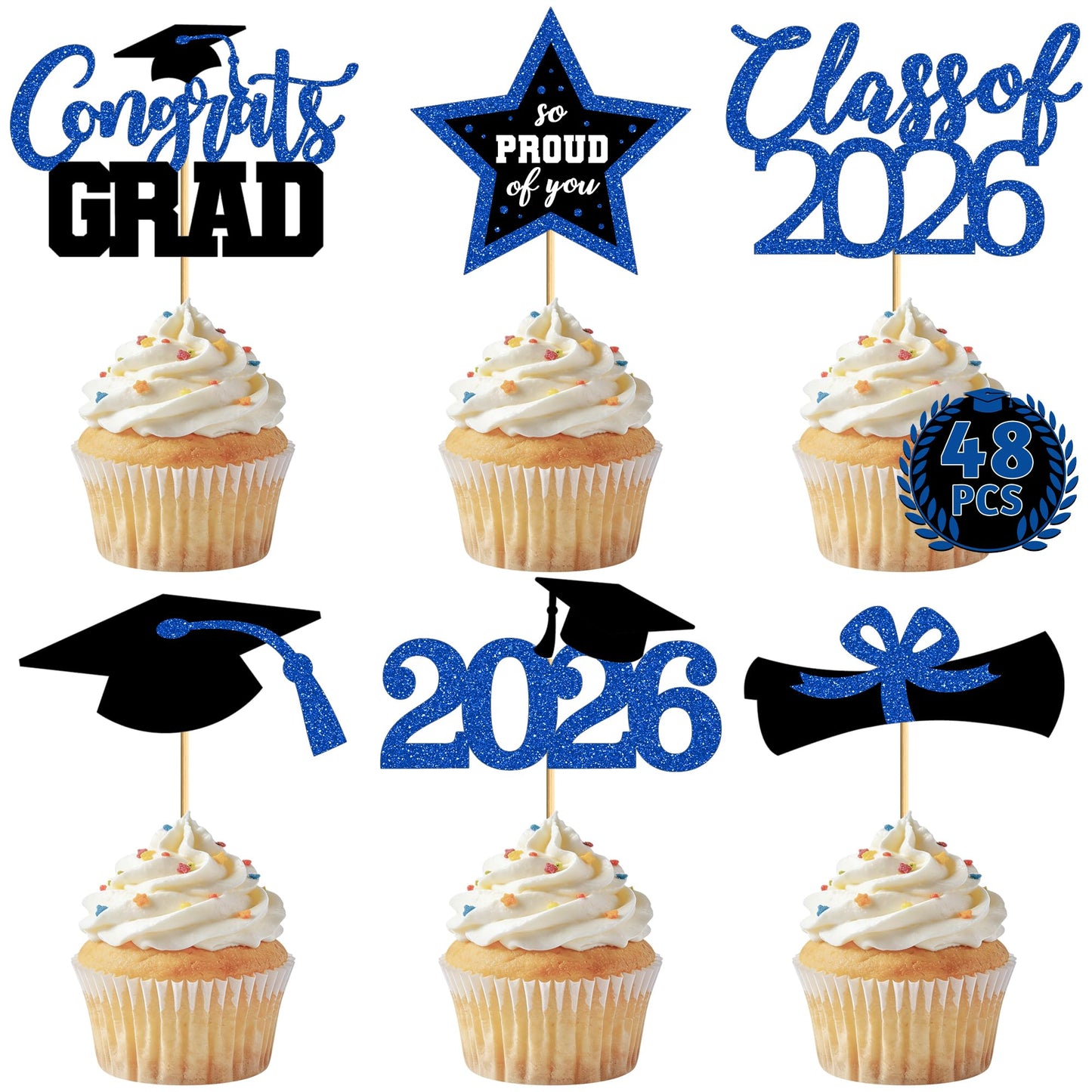 48 PCS Graduation Cupcake Toppers, 6 Styles Congrats Grad Cake Topper, Black and Gold Graduation Decorations 2026, Glittery Cap and Diploma Cake Picks for Grad Party Decor Supplies
