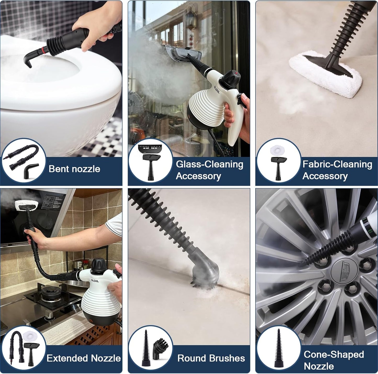 Handdampfreiniger, Dampfreiniger zur Reinigung, vielseitige tragbare Dampfreiniger für den Hausgebrauch mit Sicherheitssperre und 10-teiligem Zubehörset, die Detailwerkzeuge entfernen Schmutz, Fett und mehr (weiß)