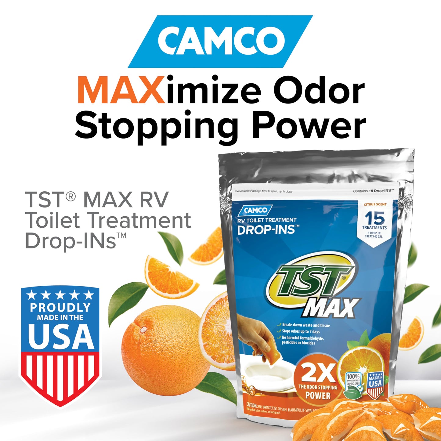 Camco TST MAX RV Toilet Treatment Drop-INs - Control Unwanted Odors & Break Down Waste and Tissue - Safe Septic Tank Treatment - Orange Scent, 30-Pack (41183)